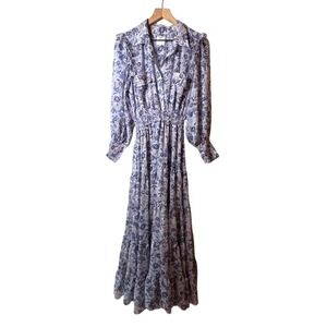 MISA Los Angeles Blue Floral Maxi Dress Boho Tiered Smocked Waist Size Med $395